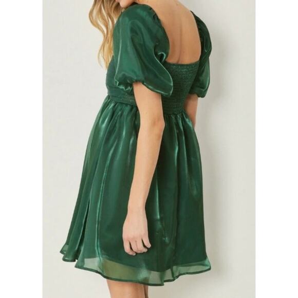 Entro Green Organza Party Bubble Sleeve Mini Dress, L - Picture 3 of 9